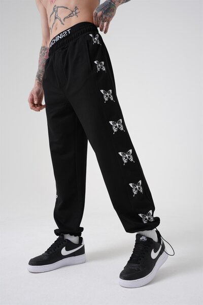 Machinist Men's Butterfly Printed Organic Cotton Oversize Black Sweatpants