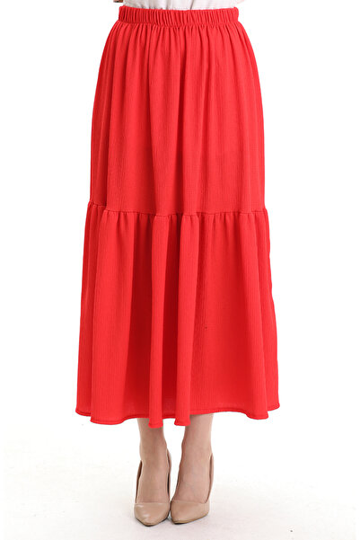 sefamerve Burgundy Fabric Skirt with Elastic Waist 0066-02 Red