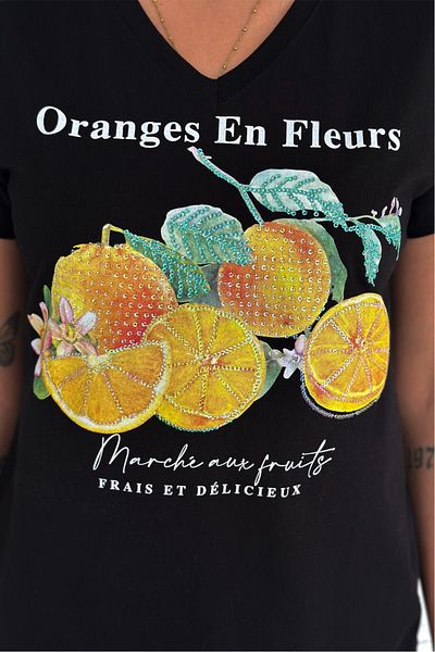FEMELLE Tricou negru cu gât în V pentru femei, brodat cu paiete portocalii 100% bumbac