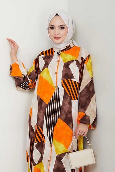 Moda MSK Viscose full length buttoned dress orange brown
