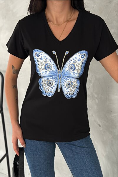 FEMELLE Women's Black V-Neck Large Size Butterfly Pattern Sequin Embroidered 100% Cotton Large Size T-Shirt
