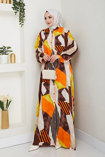 Moda MSK Φόρεμα με κουμπιά βισκόζης Πορτοκαλί καφέ