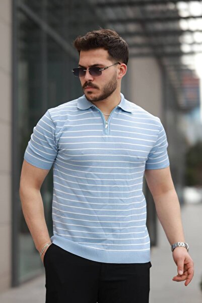 pepule Ανδρικό πλεκτό μπλουζάκι με μισό φερμουάρ και λεπτές ρίγες