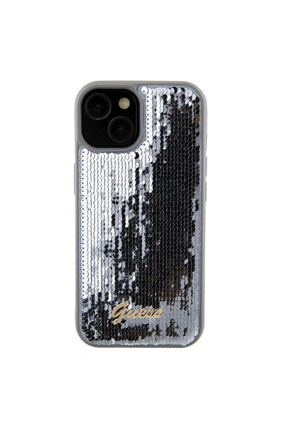 Guess Case for IPhone 15, Sequin Script Metal, Guess - Silver