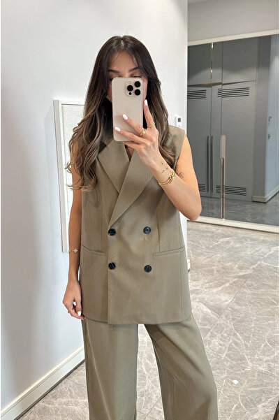 My Blog Khaki fekete gombos mellény nadrágkosztüm - 9568