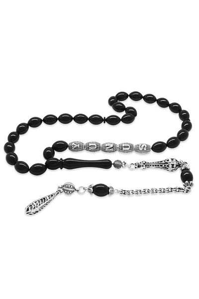 Tesbihane Black Clamping Amber Prayer Beads with Non-Tarnish Metal Tassels