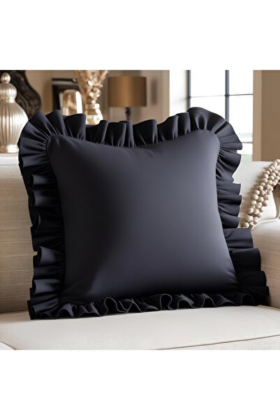 Bc Home Black Velvet Look Country Style Ruffled Square Throw Pillow Cover Sof...