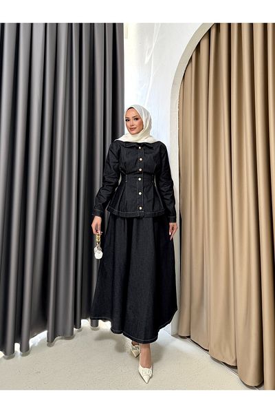 Melike Tatar Snap Fastener Denim Skirt Suit 3-604