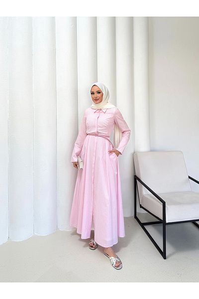 Melike Tatar Striped Stone Belted Poplin Dress 32-2341