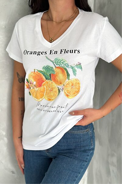 FEMELLE Γυναικείο μπλουζάκι από 100% βαμβάκι με λευκή λαιμόκοψη με πορτοκαλί ...