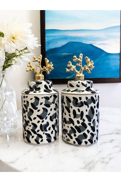 ferayhome Kitchen and Living Room Accessory Decorative Spice Rack Cylinder Set of 2 Ceramic Lids Gray Leopard Pattern Gold