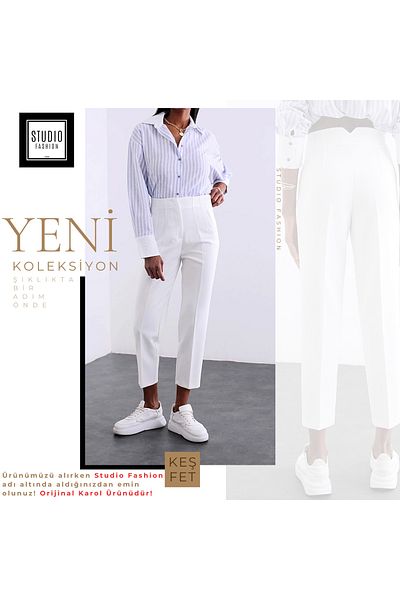 KAROL Women's White Flat Front High Waist Zr Model Fabric Trousers