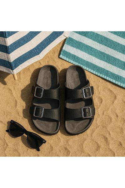 GEZER Men's Adjustable Double Banded Buckle Leather Slippers