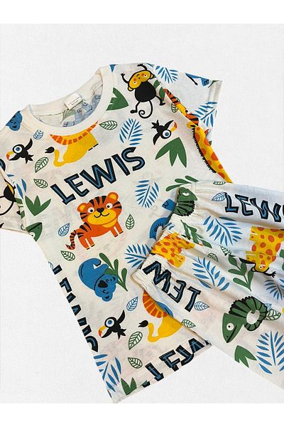 Fil Kids Set de pijamale de vară cu mânecă scurtă cu model Safari, din bumbac alb, pentru băieți