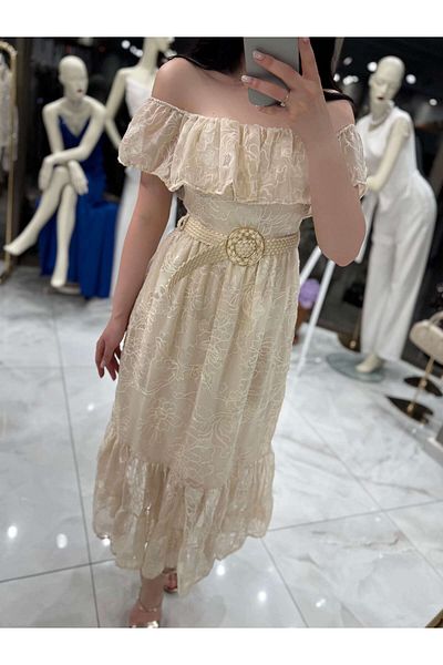 missswans Blar Rochie Midi cu centură cu model și spate elastic Bej