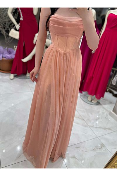 missswans Hadley Chest Draped Corset Adjustable Rope Tie Glitter Long Dress Powder