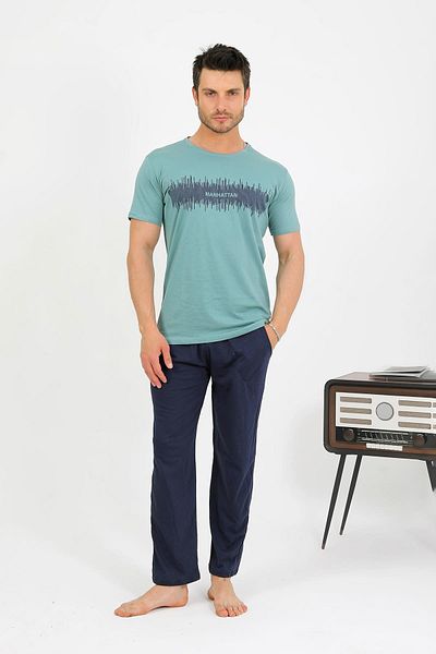 Akbeniz Men's Cotton Short Sleeve Pajama Suit Watergreen 6875