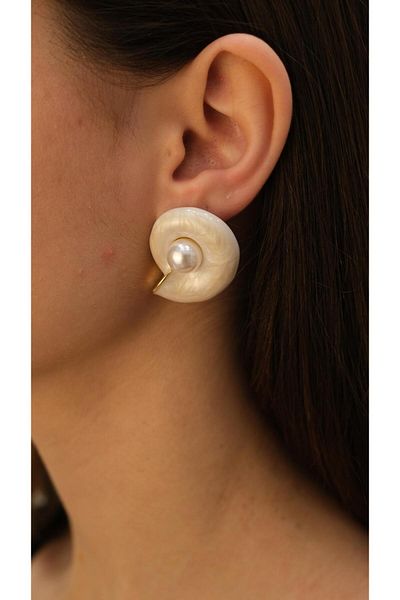 Jerie Gold Enameled Pearl Detail Snail Earrings