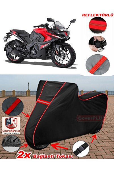 CoverPlus Bajaj Pulsar RS 200 Branda SİYAH Motosiket Brandası Motor Örtüsü Çadır (Kırmızı Dikişli)