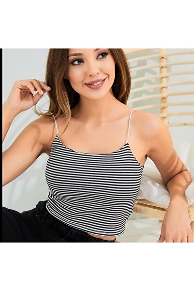 As Collection Смугастий чорний жіночий укорочений топ - на бретельках-спагеті