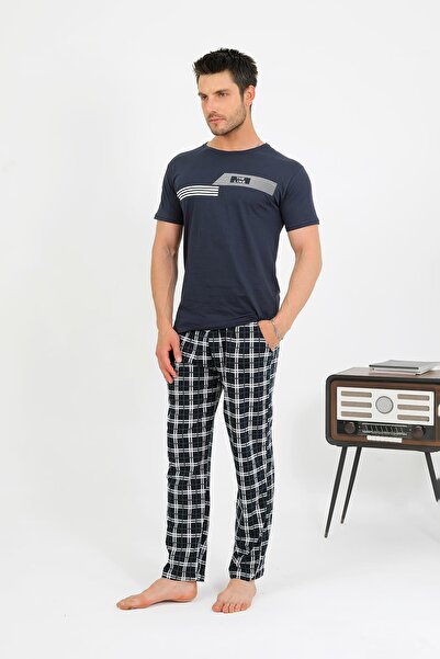 Akbeniz Чоловічий бавовняний піжамний комплект з короткими рукавами, темно-синій 6875