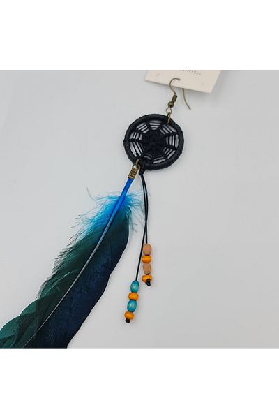 SE Jewellery Collection Selin Ersoy Bohemian Style Blue Feather Detailed Dreamcatcher Model Dangle Single Earrings