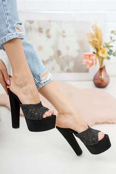 PayBuy Pantofi Eleganti de Damă Negru Suede Mesh Papuci cu Toc Gros Design Special Pantofi de Seară
