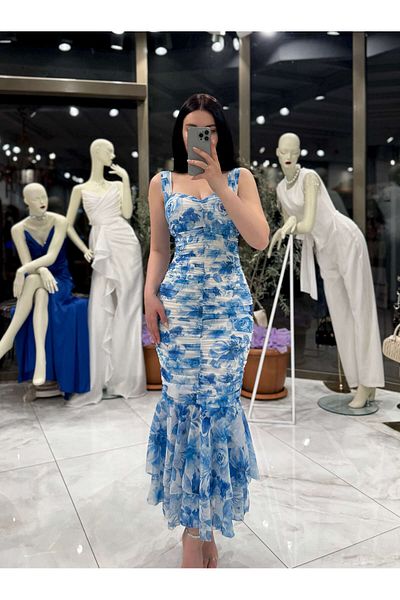 missswans Mirna Thick Strap Skirt Flared Long Length Dress Blue