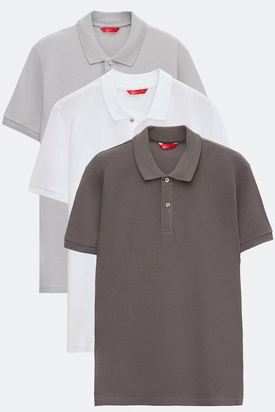 D'S Damat Ds Damat Regular Fit Anthracite/Grey/White Pique Textured 100% Cotton Polo Collar T-Shirt