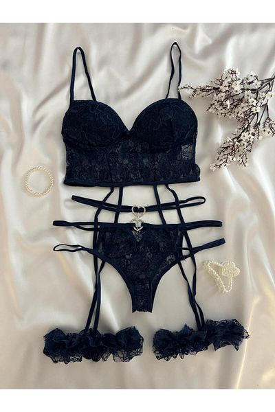 MH Moony Homewears Sweden Stone Detailed Navy Blue Garter Set