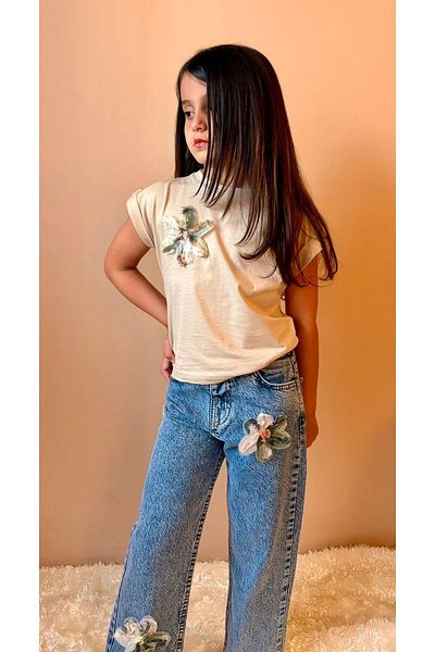 chacharon Girl's T-Shi̇Rt Çi̇Flower Appli̇Keli̇ Jeans Çi̇Flower Appli̇Keli̇ Bottom Top Set
