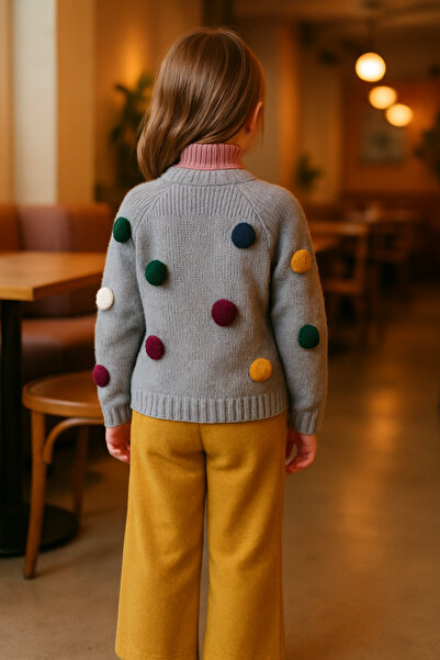 Hilal Akıncı Kids Girl's Pompom Gray Knitwear Cardigan Sleeveless Inner Badi Knitwear Pants Beret 4-Piece Set