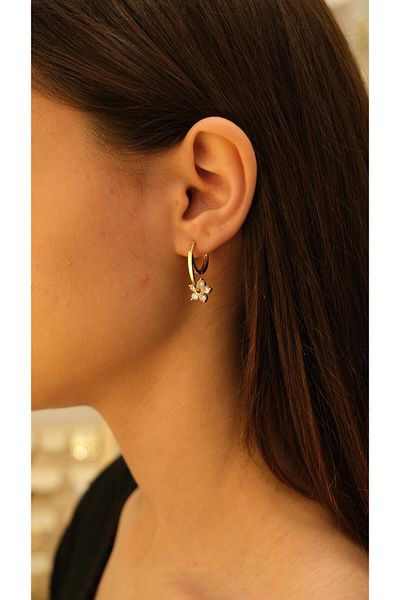 Jerie Gold Zircon Stone Flower Figure Dangle Hoop Earrings