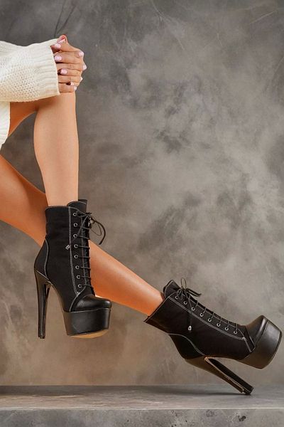 PayBuy Women's Lace-Up Platform Heeled Boots High Sole Stylish Fabric Model Allstar