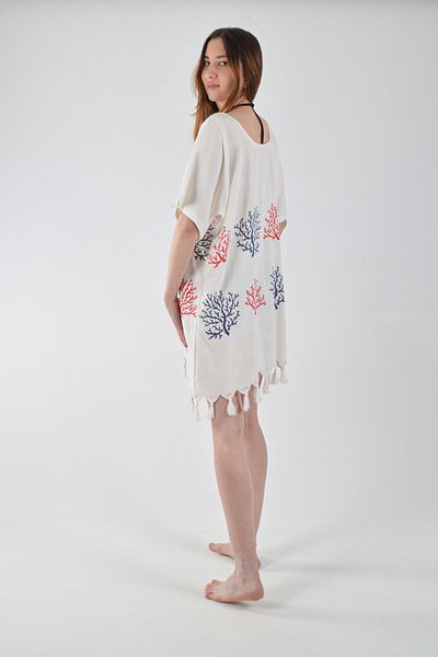REİNA TEKS Beachwear Beach Dress Crew Neck Red-Blue Coral Pattern Cotton Viscon Beach Clothing 1Pc
