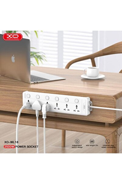REDz Accessories Extension Cord XO-WL18 EU, 6 Sockets with Individual Switches, 2500W, 2m Cable, White