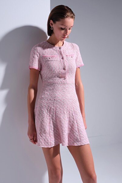 JOIN US Düğme Detaylı Simli Pembe Mini Elbise