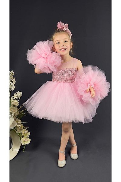 egolika kids Βραδινό φόρεμα για κορίτσια Kalji - Φόρεμα αποφοίτησης για κορίτσια, φόρεμα επίδειξης με μανίκια πομπομ