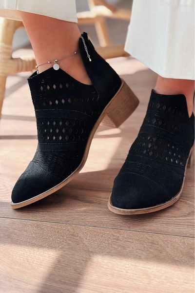 Afilli Women's Black Hollowed Out See-Through Short Thick Heeled Zippered Stylish Western Summer Cowboy Boots Shoes
