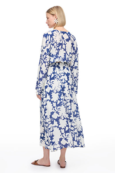 Perspective Mavi Gabis Rahat Kalıp Çiçekli Bilek Boy Elbise