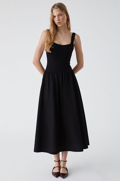 GRIMELANGE Pani Fuego Women's Hanging Neck Skirt Part Woven Poplin Top Flexible Viscose Black Dress