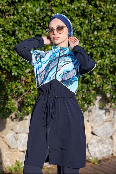 NS TASARIM MAYO Lena Model Blue Butterfly Pattern Design Hijab Swimsuit Set