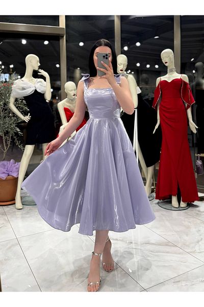 missswans Lilit Strap Bow Λεπτομερές Χαμηλό Πίσω Μίντι Μήκος Γυαλιστερό Βραδινό Φόρεμα Λιλά