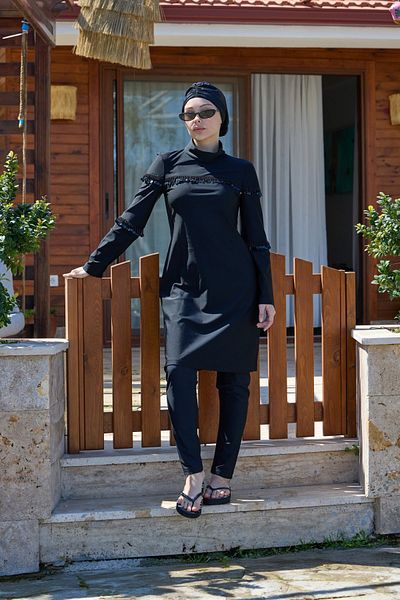 NS Tasarım Tesettür Mayo Belinda Bead Detailed Black Double Design Hijab Swimsuit