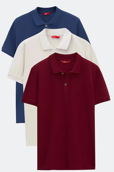 D'S Damat Ds Damat Regular Fit Burgundy / Indigo / Stone Pique Textured 100% Cotton Polo Collar T-Shirt