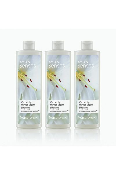 AVON كريم الاستحمام سينسز وايت ليلي (عبوة من 3 قطع)