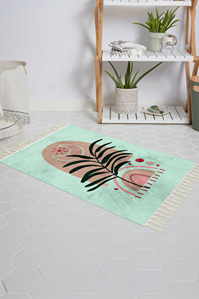Tropikhome Banyo Paspası Yeşil Palmiye Desenli Baskılı 50x80 Püsküllü Polyest...
