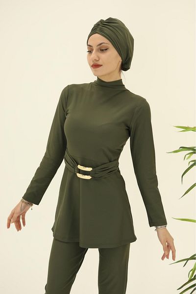 NS Tasarım Tesettür Mayo Aren Gold Buckle Detailed Design Hijab Swimsuit Set