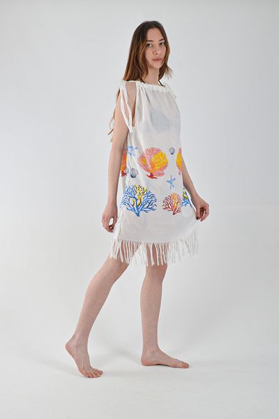 REİNA TEKS Beachwear Viscon Dress Mixed Coral Print Cotton Beach Dress with Lacing Detail 1 Pc Pareo