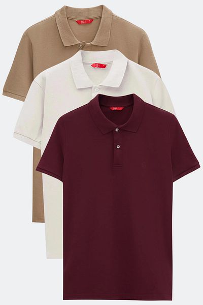 D'S Damat Ds Damat Regular Fit Plum/Mink/Stone Pike Textured 100% Cotton Polo Neck T-Shirt